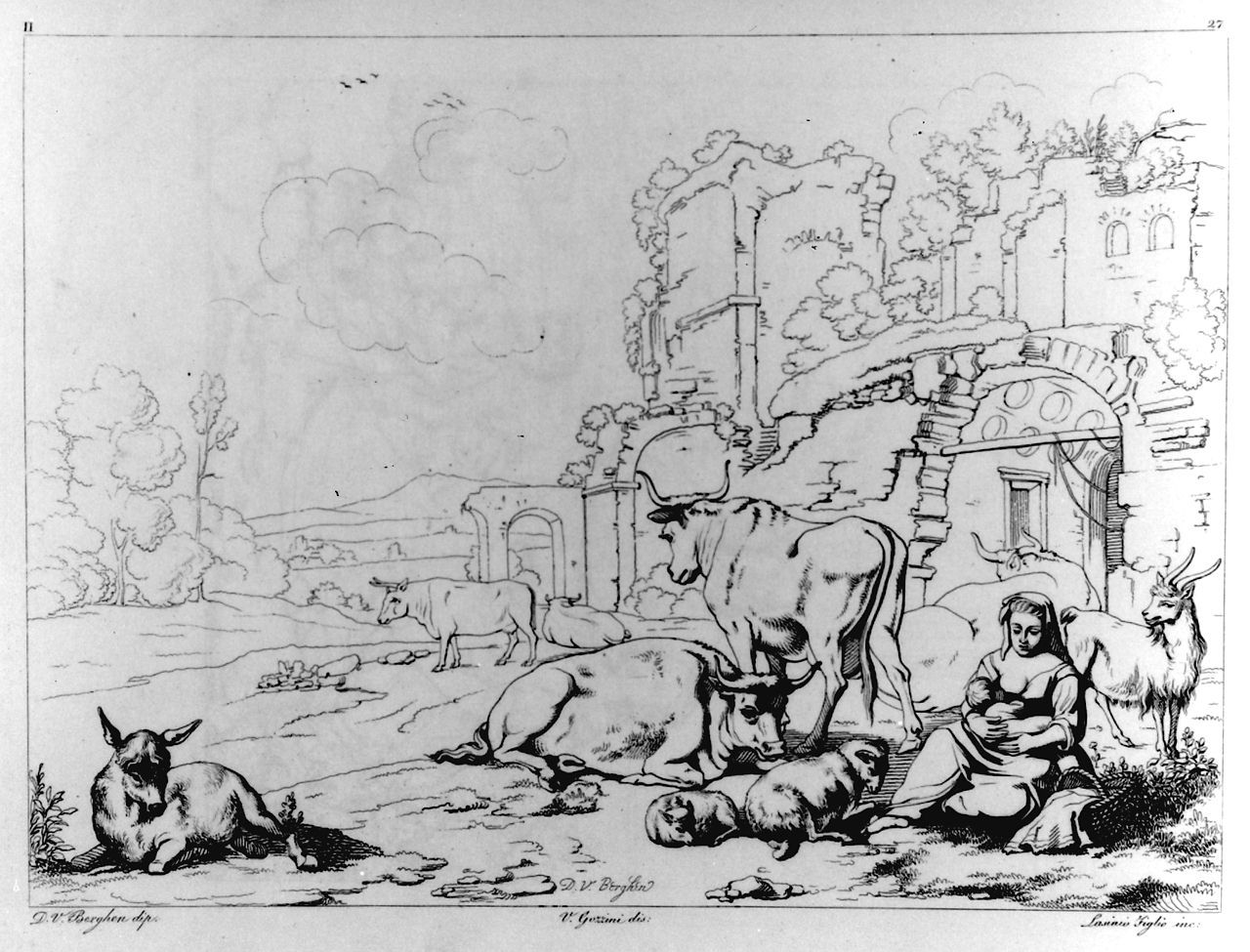 paesaggio con rovine e pastorella con armenti (stampa, elemento d'insieme) di Lasinio Giovanni Paolo, Gozzini Vincenzo (sec. XIX)