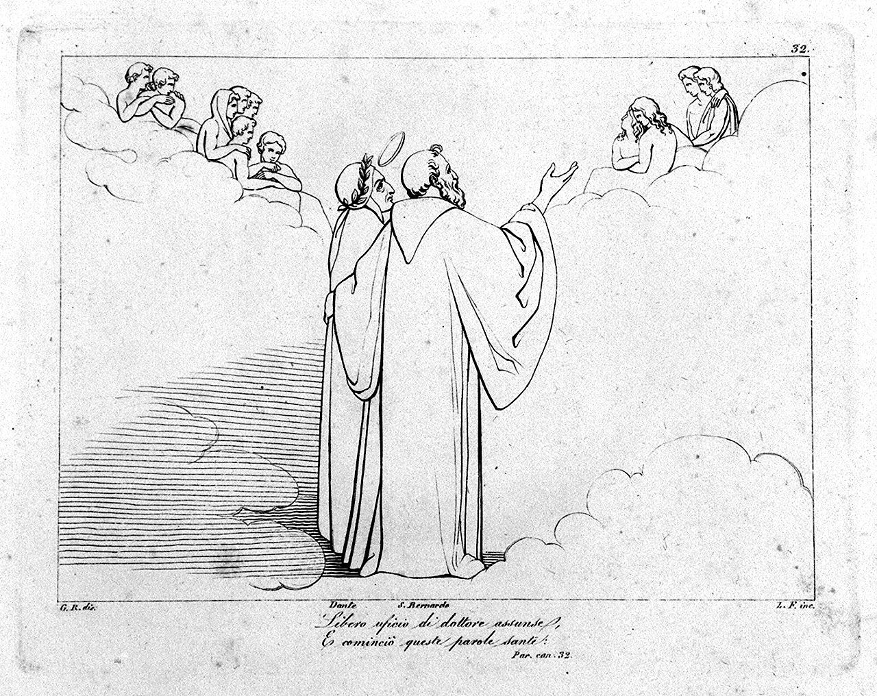 San Bernardo di Chiaravalle indica a Dante la distribuzione dei beati nell a candida rosa (stampa, elemento d'insieme) di Lasinio Giovanni Paolo, Rossi Giuseppe, Flaxman John (sec. XVIII, sec. XIX)