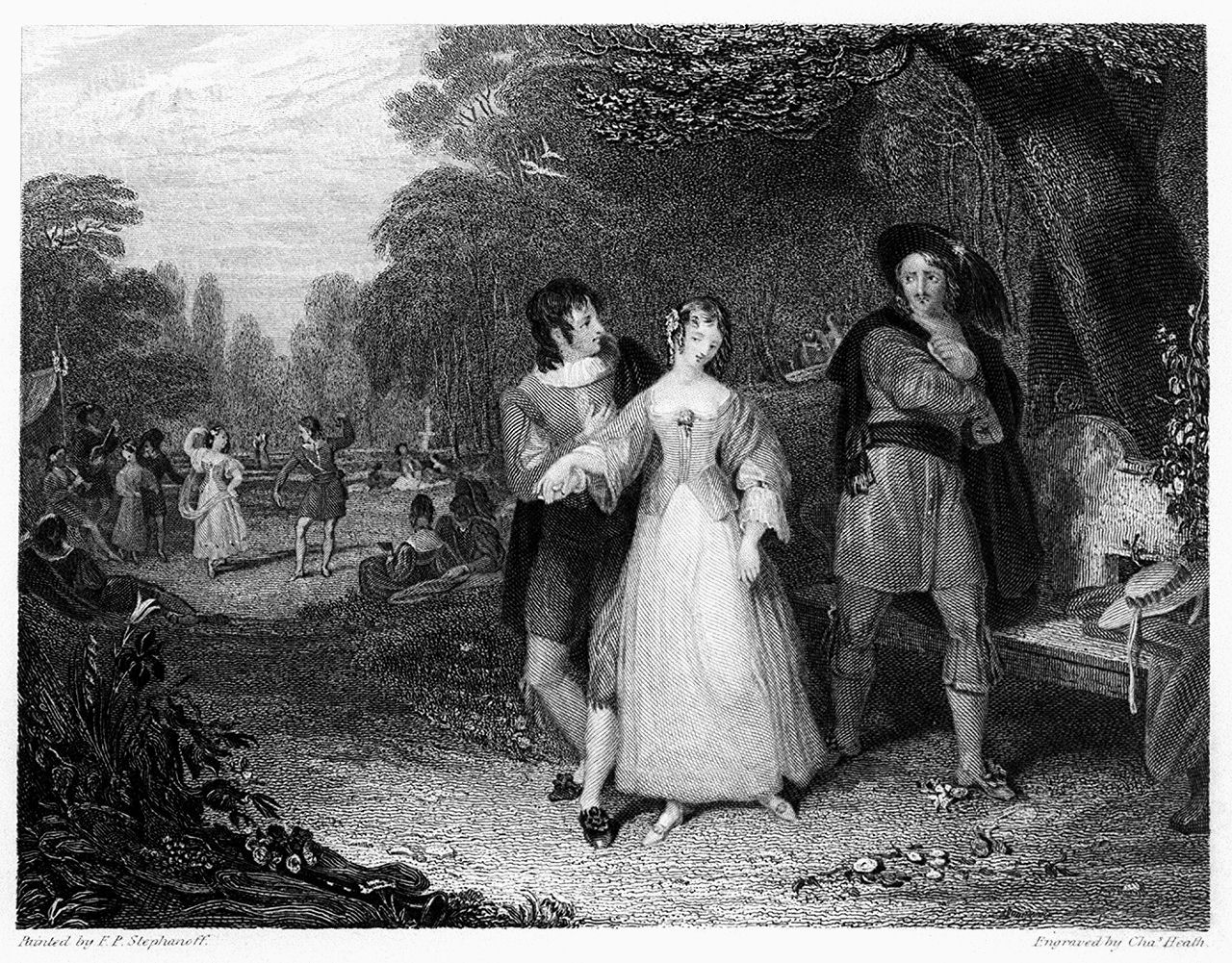 uomini si contendono l'amore di una donna (stampa, elemento d'insieme) di Heath Charles il Vecchio, Stephanoff Francis Philip (sec. XIX)