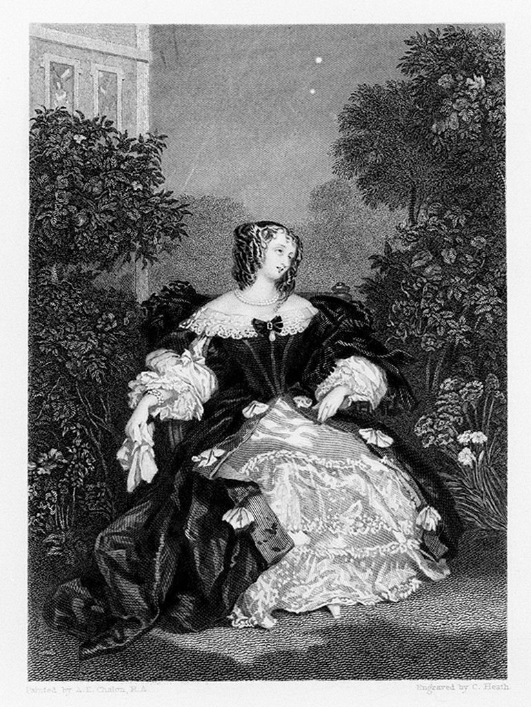 giovane donna in un giardino al chiaro di luna (stampa, elemento d'insieme) di Heath Charles il Vecchio (sec. XIX)