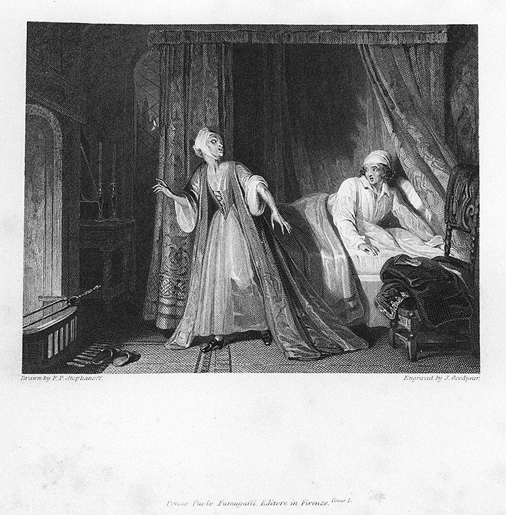 interno con donna e uomo disteso sul letto (stampa, elemento d'insieme) di Goodyear Joseph, Stephanoff Francis Philip (sec. XIX)
