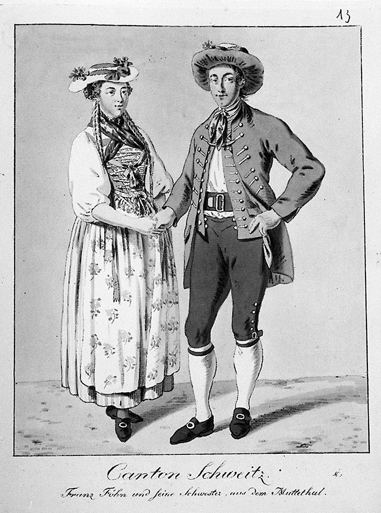 costume del cantone di Schwytz (stampa a colori, elemento d'insieme) di Konig Franz Niklaus (sec. XIX, sec. XIX)