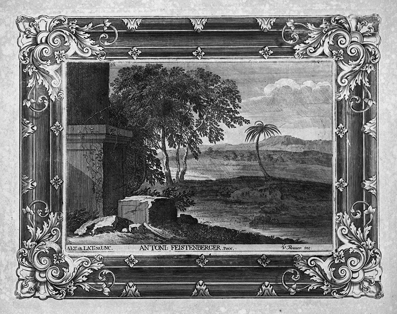 paesaggio con rovine (stampa, stampa composita) di Prenner Anton Joseph von (sec. XVIII)