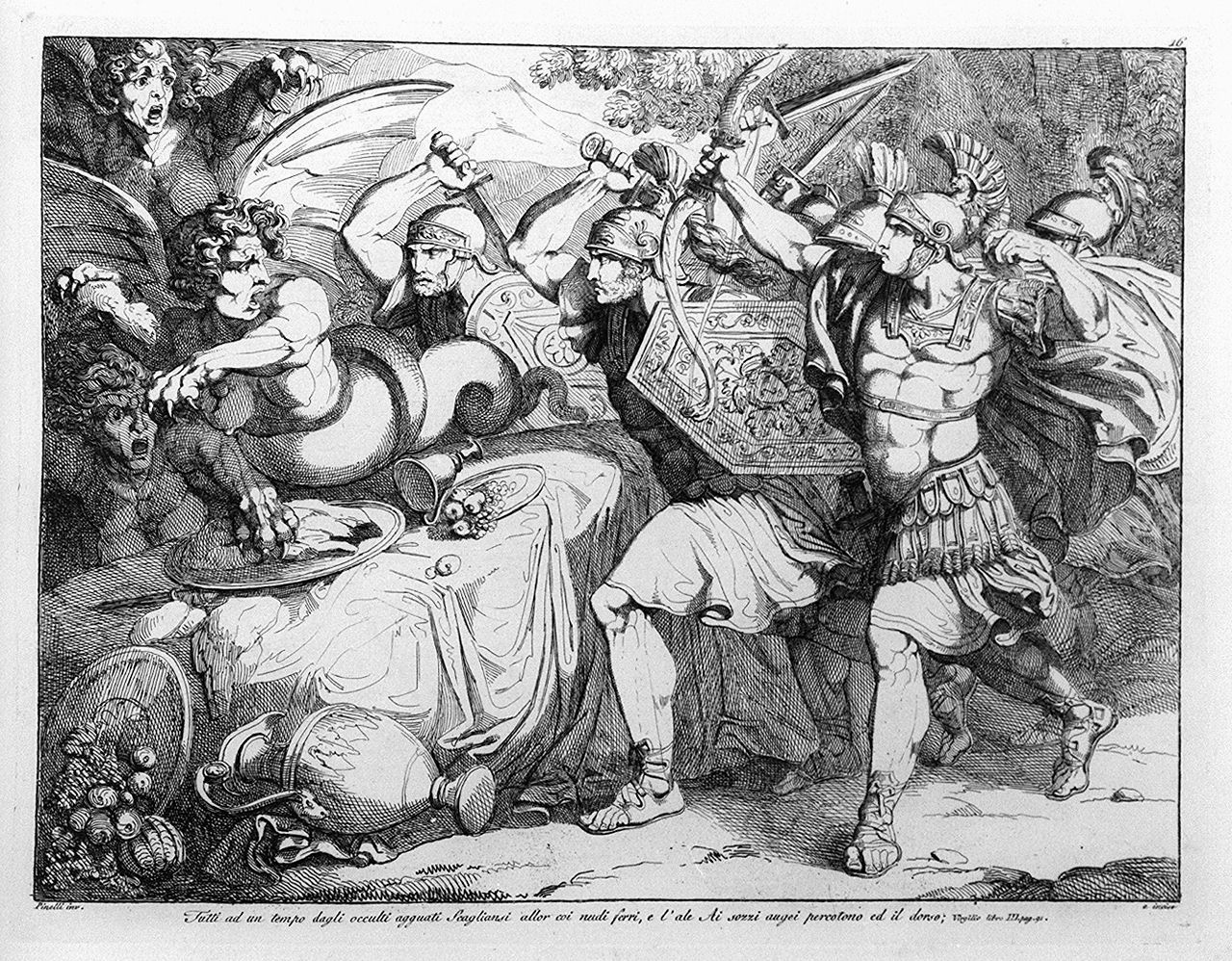 Enea lotta con le Arpie (stampa, elemento d'insieme) di Pinelli Bartolomeo (sec. XIX)