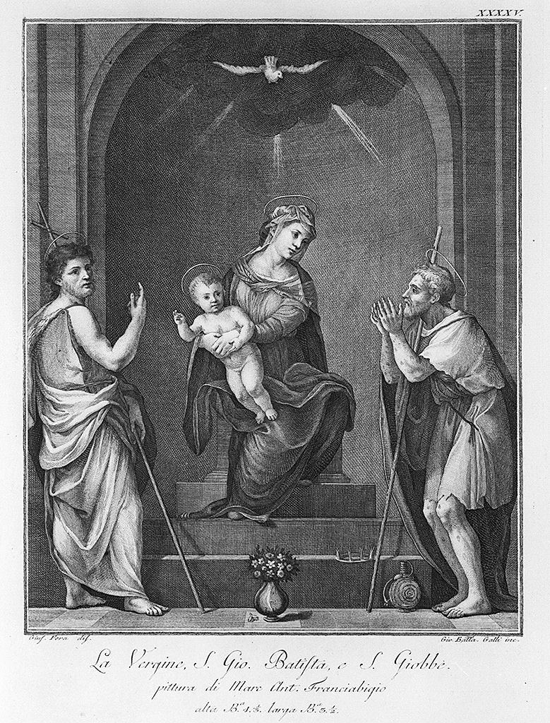 Colomba dello Spirito Santo Madonna con Bambino in trono con San Giovanni Battista e San Giobbe (stampa, elemento d'insieme) di Pera Giuseppe (sec. XVIII)