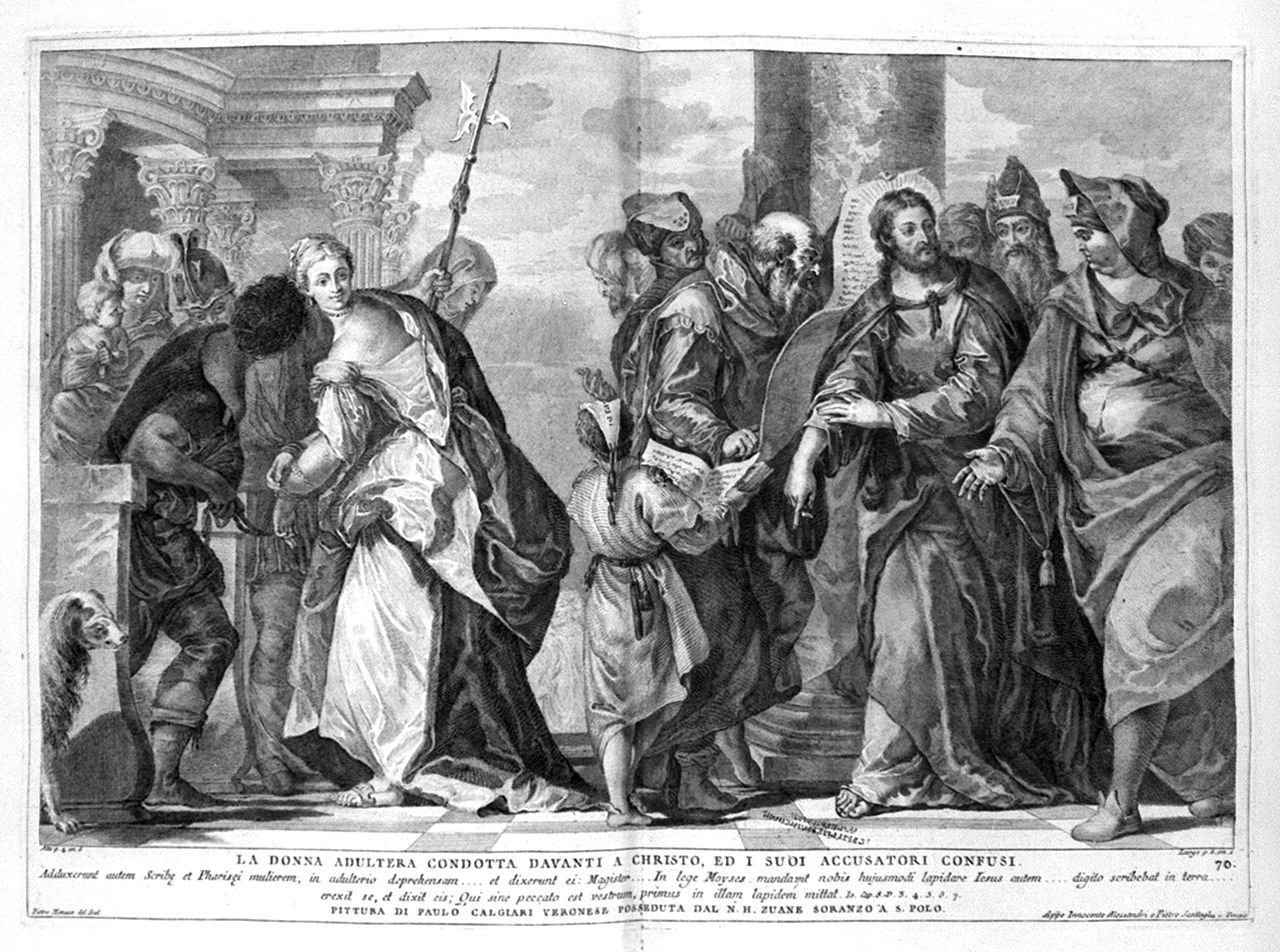 Cristo e l'adultera (stampa, elemento d'insieme) di Monaco Pietro (sec. XVIII, sec. XVIII, sec. XVIII)