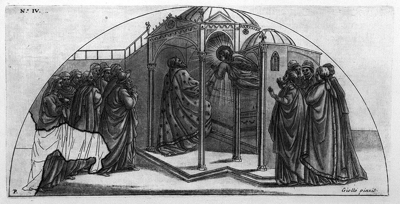 annuncio della nascita di San Giovanni Battista a Zaccaria (stampa colorata a mano, elemento d'insieme) di Patch Thomas, Giotto di Bondone (sec. XVIII)