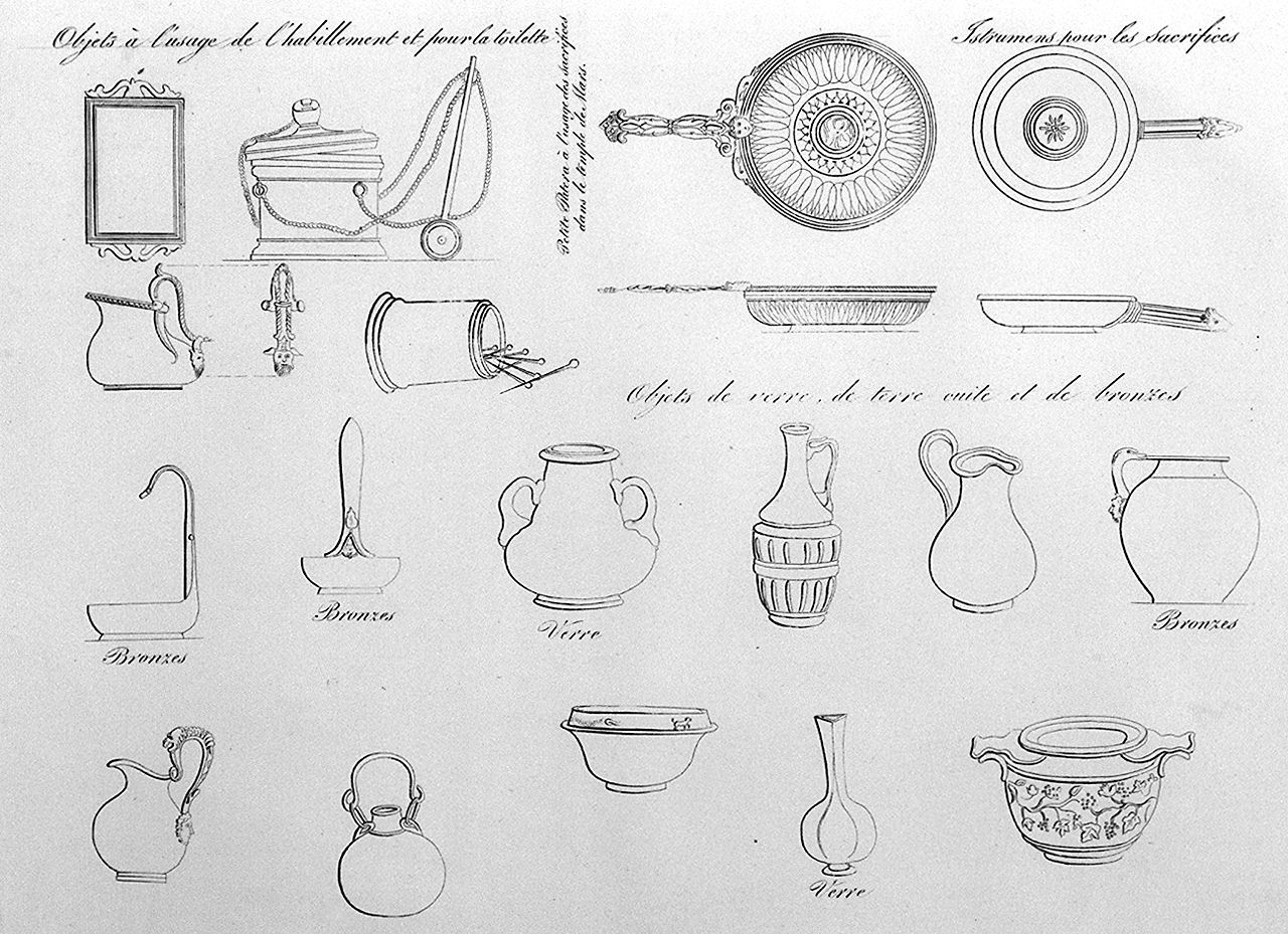 oggetti antichi di uso quotidiano e strumenti per sacrifici (stampa, elemento d'insieme) di Fumagalli Paolo (sec. XIX)