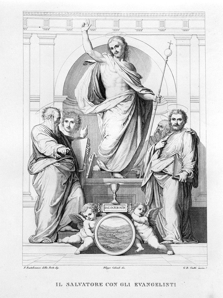 Salvator Mundi con i Quattro Evangelisti (stampa, elemento d'insieme) - ambito italiano (sec. XIX)