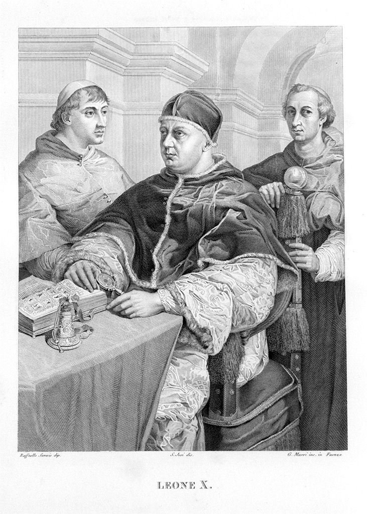 ritratto di papa Leone X con i cardinali Giulio de' Medici e Luigi Rossi (stampa, elemento d'insieme) di Sanzio Raffaello (sec. XIX)