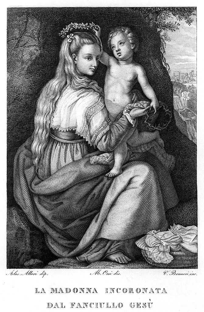 Madonna incoronata da Gesù Bambino con una ghirlanda di fiori (stampa, elemento d'insieme) di Benucci Vincenzo, Allori Alessandro (sec. XIX)