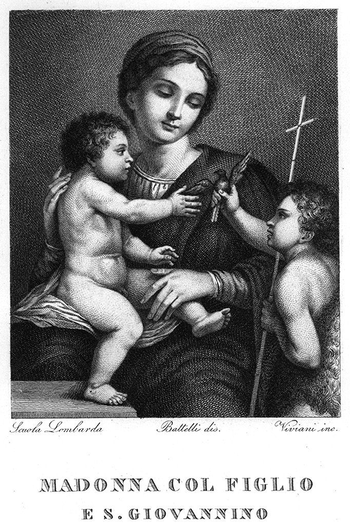 Madonna con Bambino e San Giovannino (stampa, elemento d'insieme) di Viviani Antonio (sec. XIX)