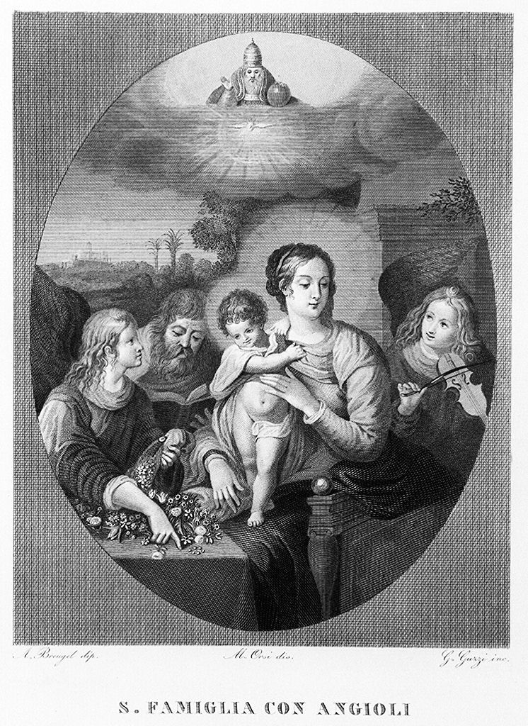 Sacra Famiglia con angeli, Dio Padre e Colomba dello Spirito Santo (stampa, elemento d'insieme) - ambito fiammingo (?) (sec. XIX)