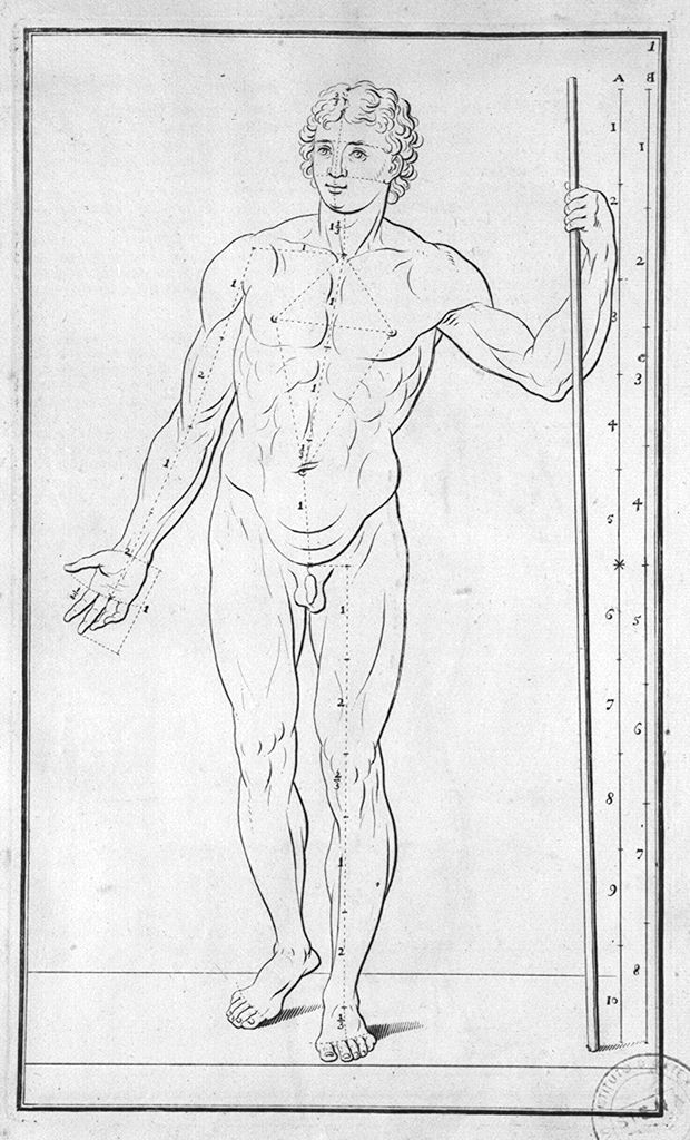 figura maschile nuda con bastone (stampa, elemento d'insieme) di Preissler Johann Daniel (sec. XVIII)