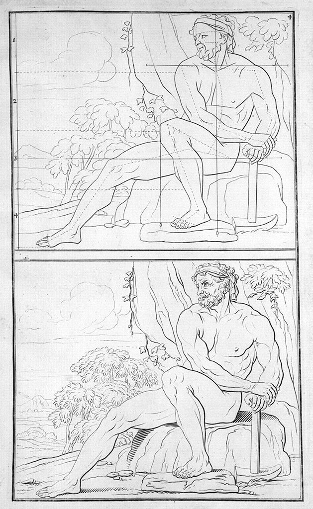 figura maschile nuda seduta (stampa, elemento d'insieme) di Preissler Johann Daniel (sec. XVIII)