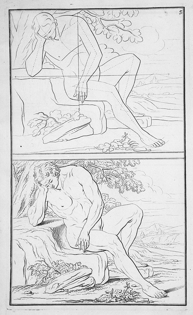 figura maschile nuda seduta (stampa, elemento d'insieme) di Preissler Johann Daniel (sec. XVIII)