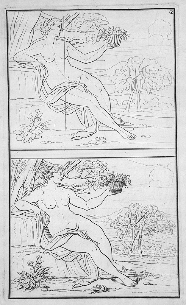 figura femminile nuda con vaso di fiori (stampa, elemento d'insieme) di Preissler Johann Daniel (sec. XVIII)