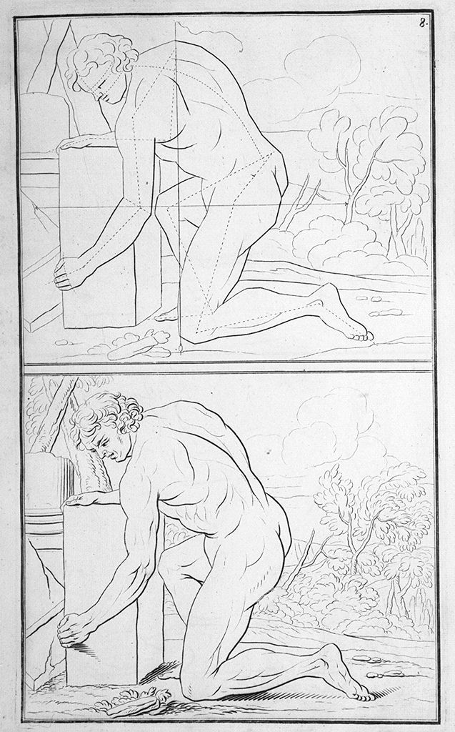 figura maschile nuda in ginocchio (stampa, elemento d'insieme) di Preissler Johann Daniel (sec. XVIII)