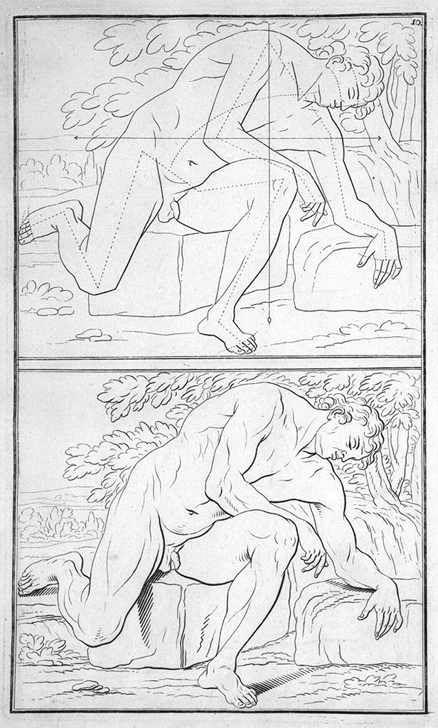 figura maschile nuda reclinata su un fianco (stampa, elemento d'insieme) di Preissler Johann Daniel (sec. XVIII)