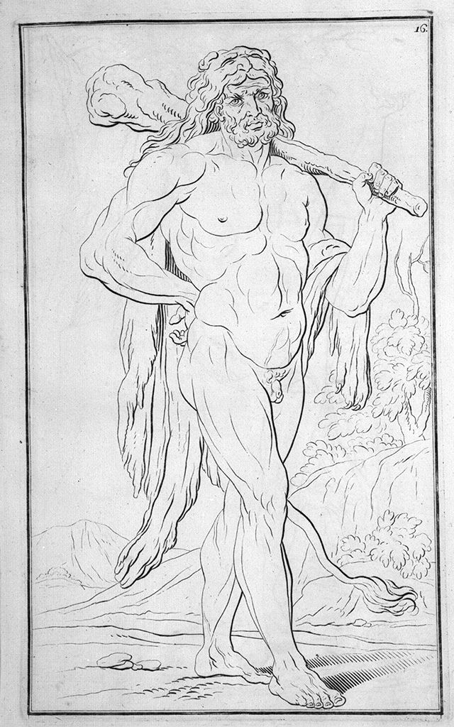 figura maschile nuda con clava e pelle di leone (stampa, elemento d'insieme) di Preissler Johann Daniel (sec. XVIII)