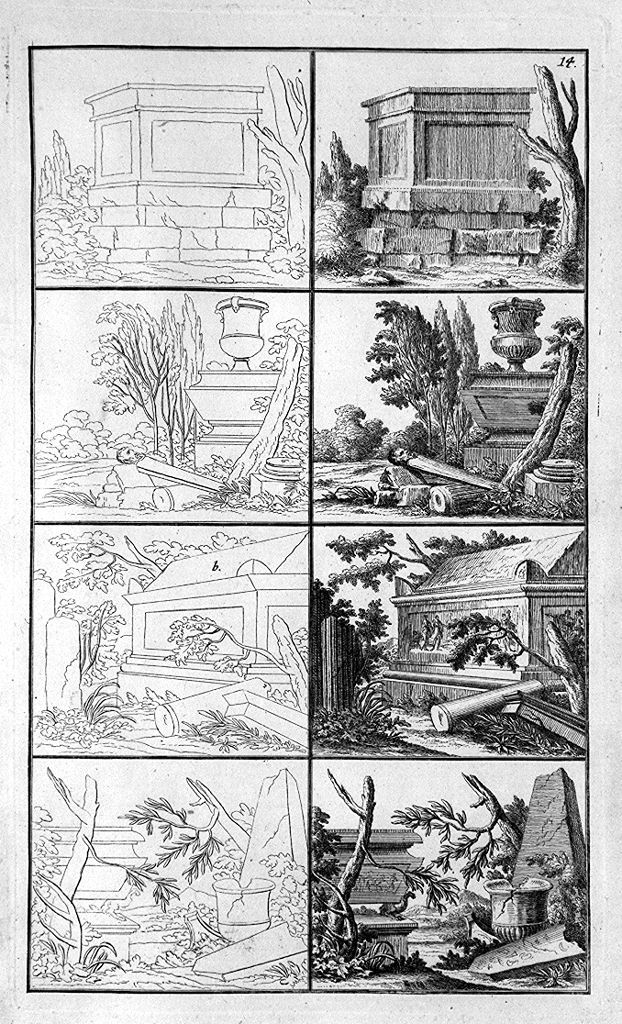 urne sepolcrali con rovine (stampa, elemento d'insieme) di Preissler Johann Daniel (sec. XVIII)