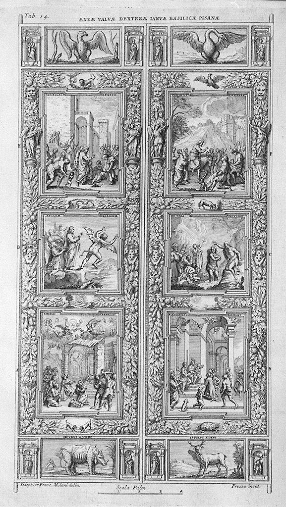 Porta della Passione, porta a destra del duomo di Pisa (stampa, elemento d'insieme) di Frezza Giovanni Gerolamo, Melani Giuseppe, Melani Francesco (sec. XVIII)
