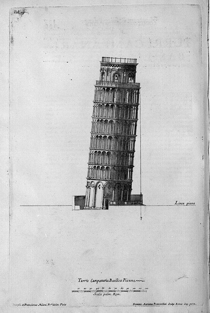 prospetto della torre di Pisa (stampa, elemento d'insieme) di Franceschini Domenico Mariano, Melani Giuseppe, Melani Francesco (sec. XVIII)