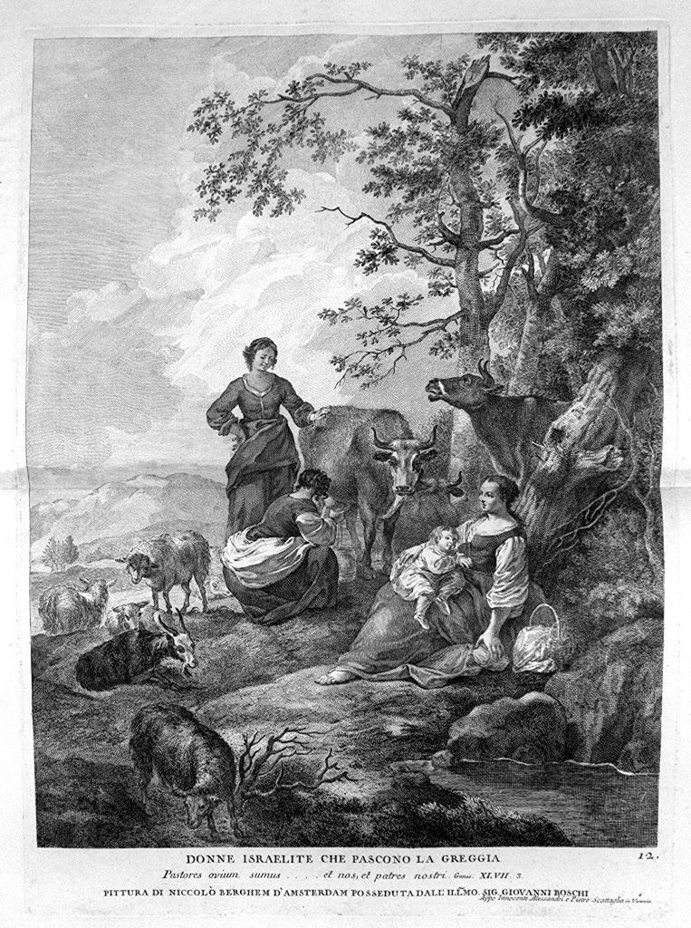 figure femminile che pascolano animali (stampa, elemento d'insieme) di Monaco Pietro (sec. XVIII, sec. XVIII, sec. XVIII)