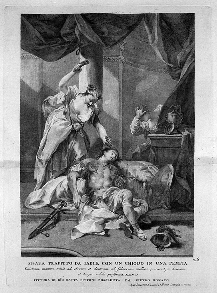 Giaele uccide Sisara (stampa, elemento d'insieme) di Monaco Pietro (sec. XVIII, sec. XVIII, sec. XVIII)