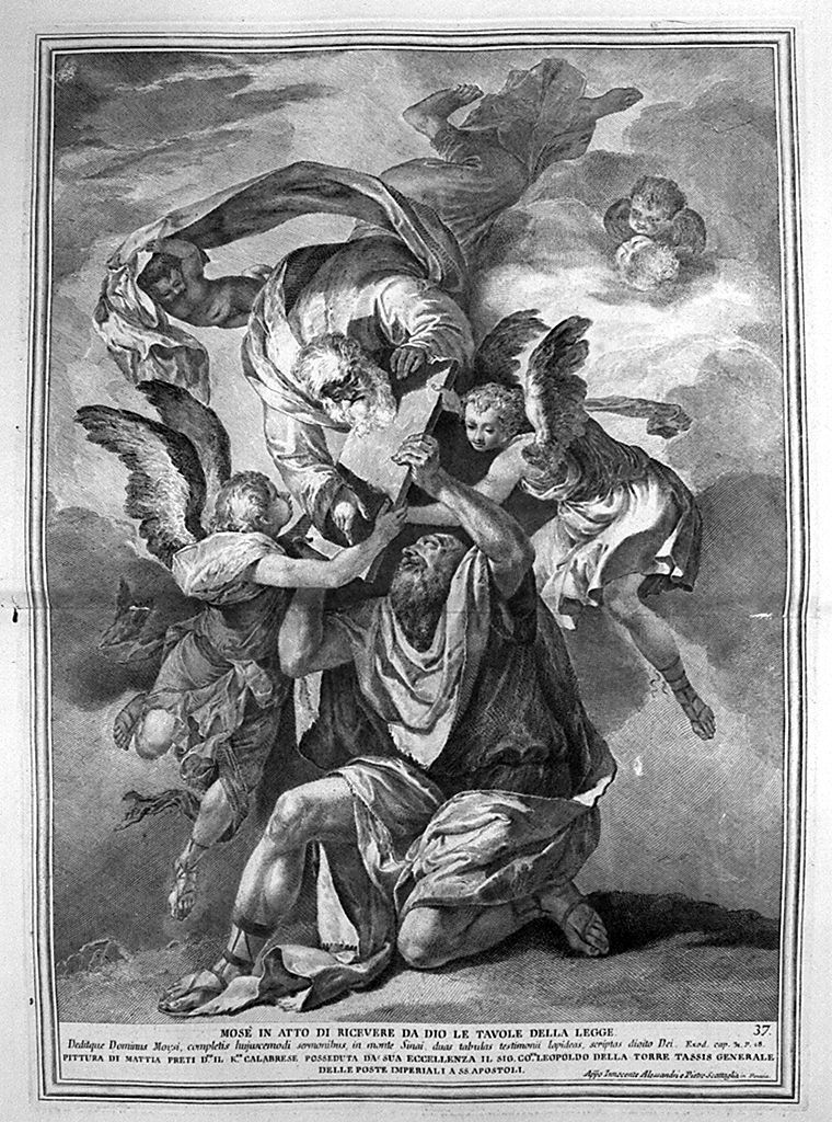 Mosè riceve da Dio le tavole della legge (stampa, elemento d'insieme) di Monaco Pietro (sec. XVIII, sec. XVIII, sec. XVIII)