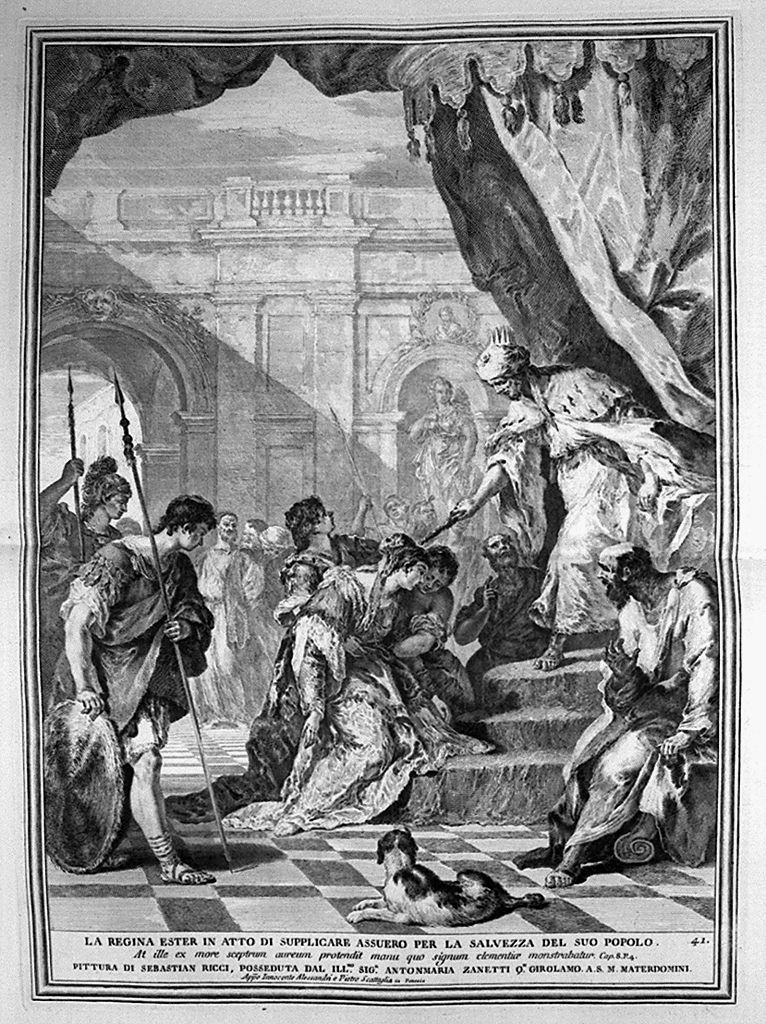 Ester e Assuero (stampa, elemento d'insieme) di Monaco Pietro (sec. XVIII, sec. XVIII, sec. XVIII)