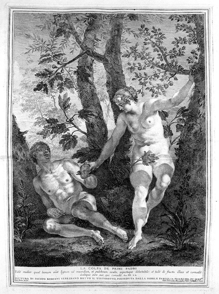 tentazione e caduta di Adamo e Eva (stampa, elemento d'insieme) di Monaco Pietro (sec. XVIII, sec. XVIII, sec. XVIII)