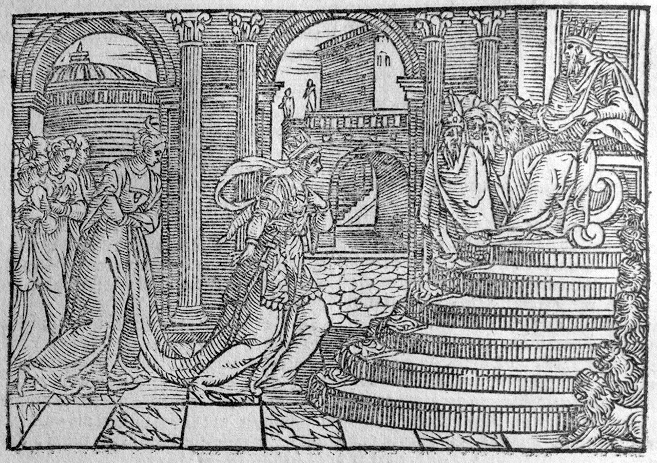 Salomone e la regina di Saba (stampa, elemento d'insieme) - ambito veneto (ultimo quarto sec. XVI)