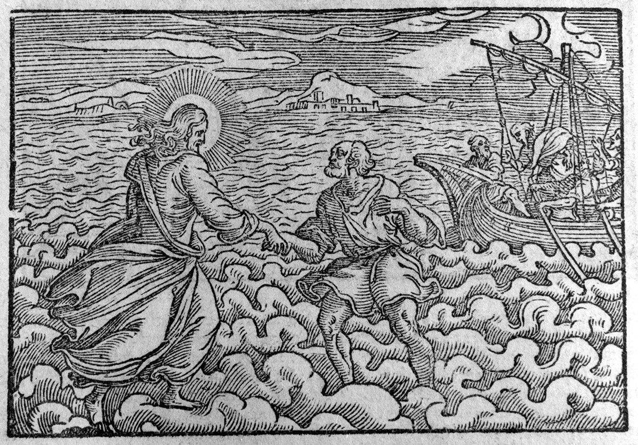 San Pietro salvato dalle acque (stampa, elemento d'insieme) - ambito veneto (ultimo quarto sec. XVI)