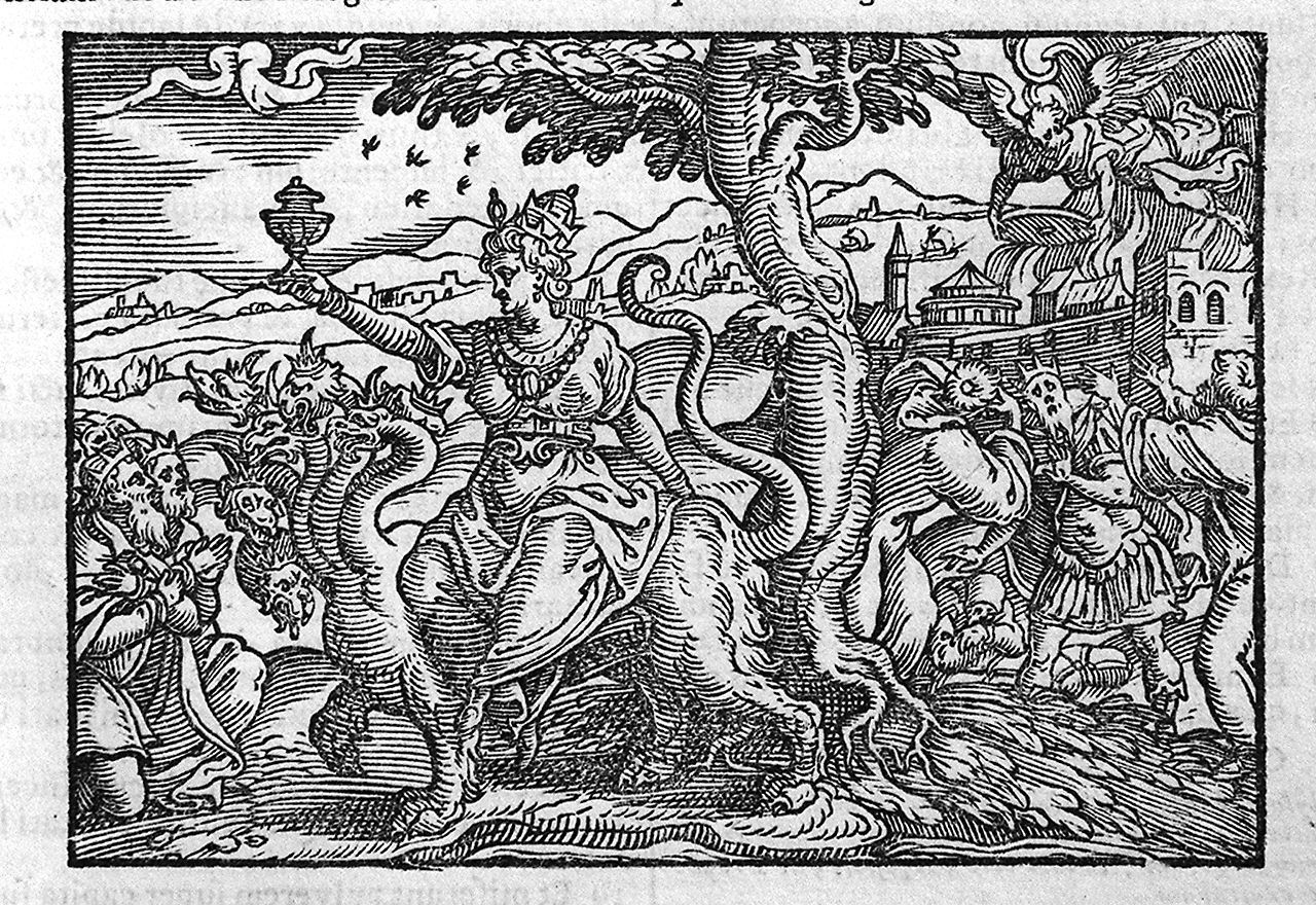 Babilonia sorreggente un calice su una bestia con sette teste e dieci corna (stampa, elemento d'insieme) - ambito veneto (ultimo quarto sec. XVI)