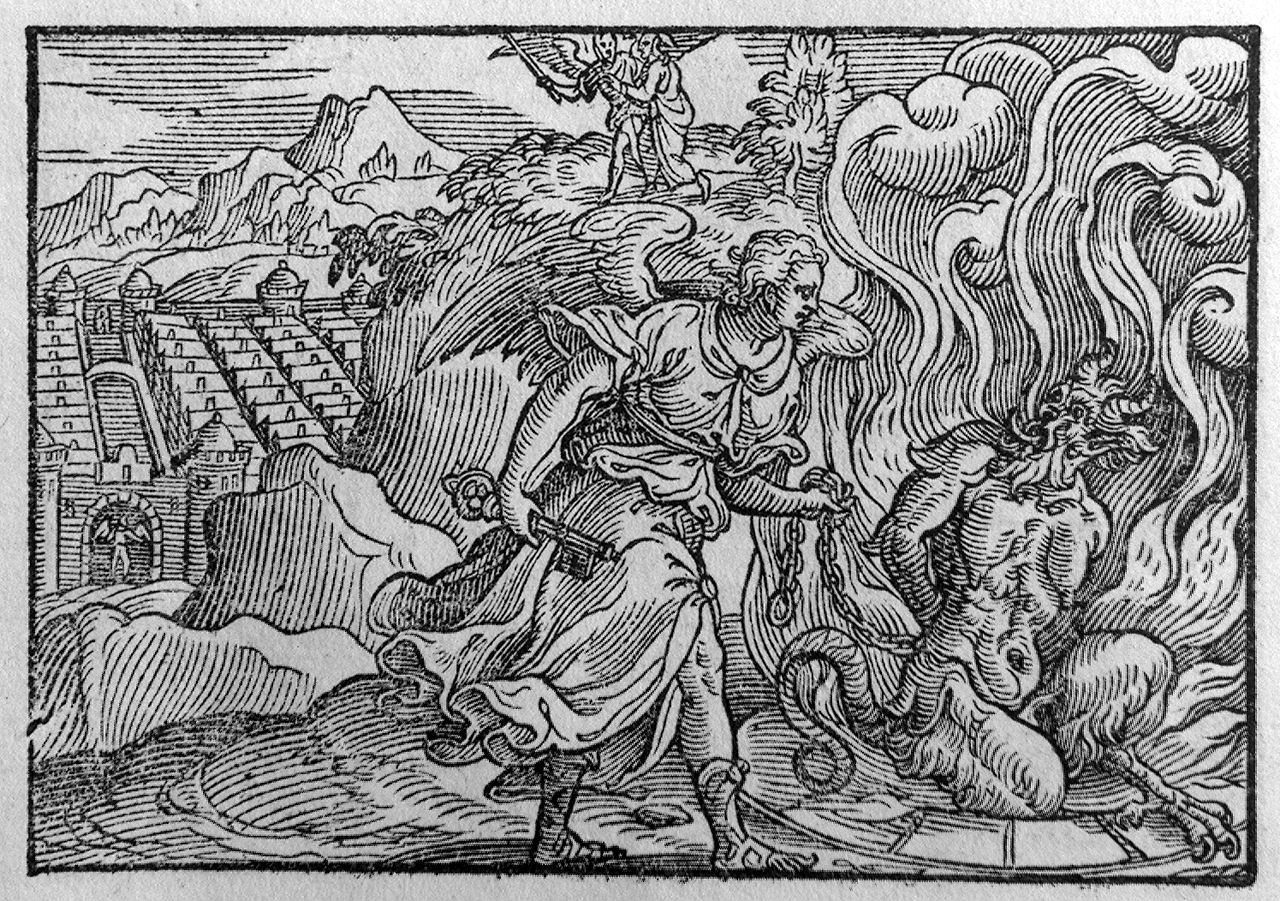 angelo dell'Apocalisse incatena il dragone (stampa, elemento d'insieme) - ambito veneto (ultimo quarto sec. XVI)