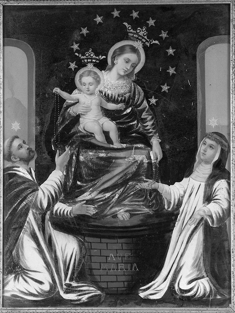 Madonna di Pompei, Madonna del rosario con San Domenico e Santa Caterina da Siena (stampa a colori) - ambito italiano (secc. XIX/ XX)