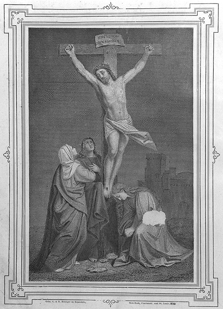Cristo crocifisso con la Madonna, Santa Maria Maddalena e San Giovanni evangelista (stampa) - ambito tedesco (?) (sec. XIX)