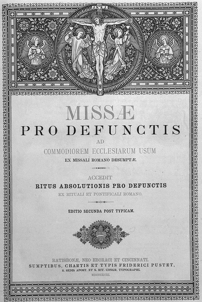 Cristo crocifisso tra angeli che raccolgono il suosangue e busti di angeli entro medaglioni tra motivi decorativi floreali (stampa, elemento d'insieme) - ambito tedesco (sec. XIX)