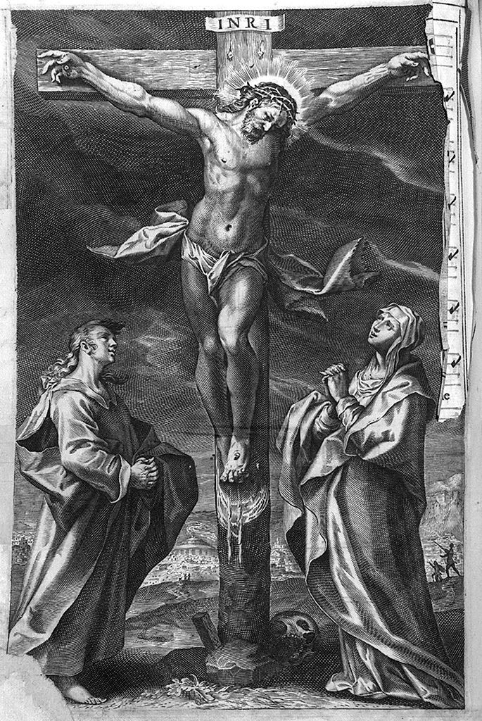 crocifissione di Cristo con la Madonna e San Giovanni evangelista (stampa, elemento d'insieme) - ambito tedesco (sec. XVII)