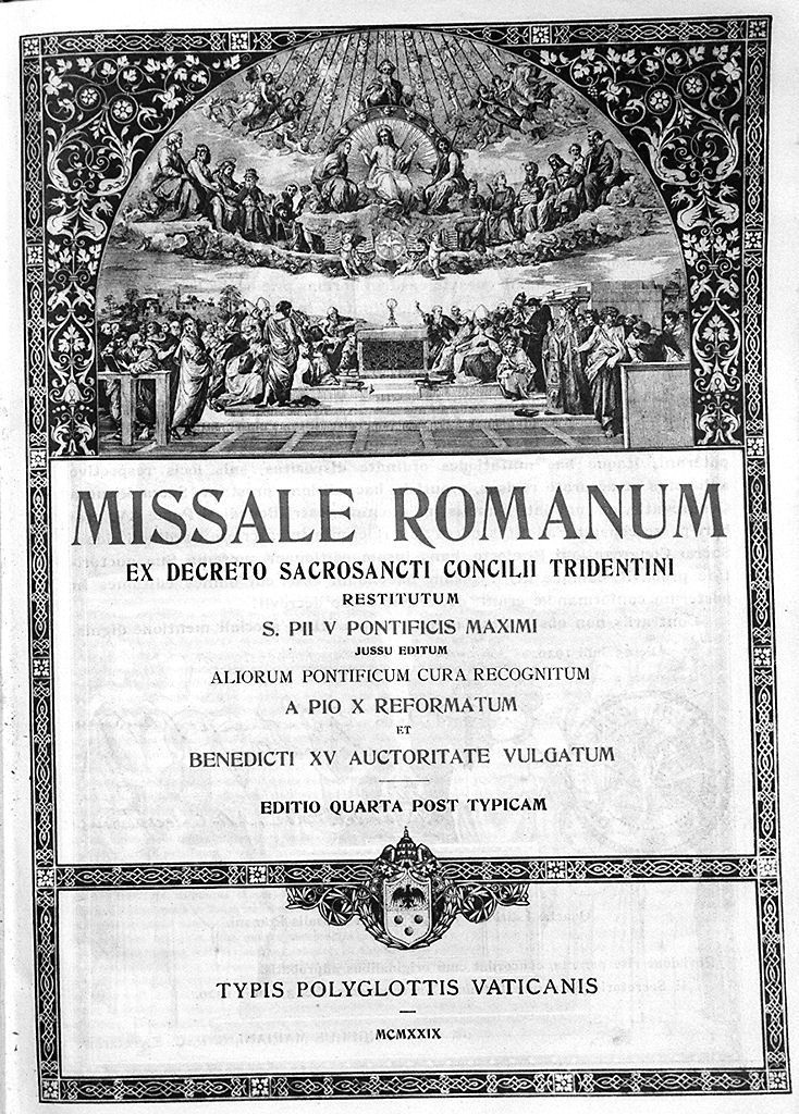 Disputa del Sacramento, disputa sull'eucaristia e stemma papale di Pio XI Ratti (stampa, elemento d'insieme) - ambito italiano (sec. XX)