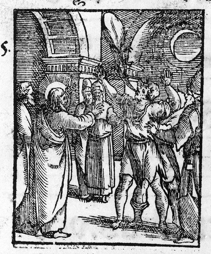 Cristo guarisce l'indemoniato nella sinagoga (stampa, elemento d'insieme) - ambito italiano (sec. XVI)