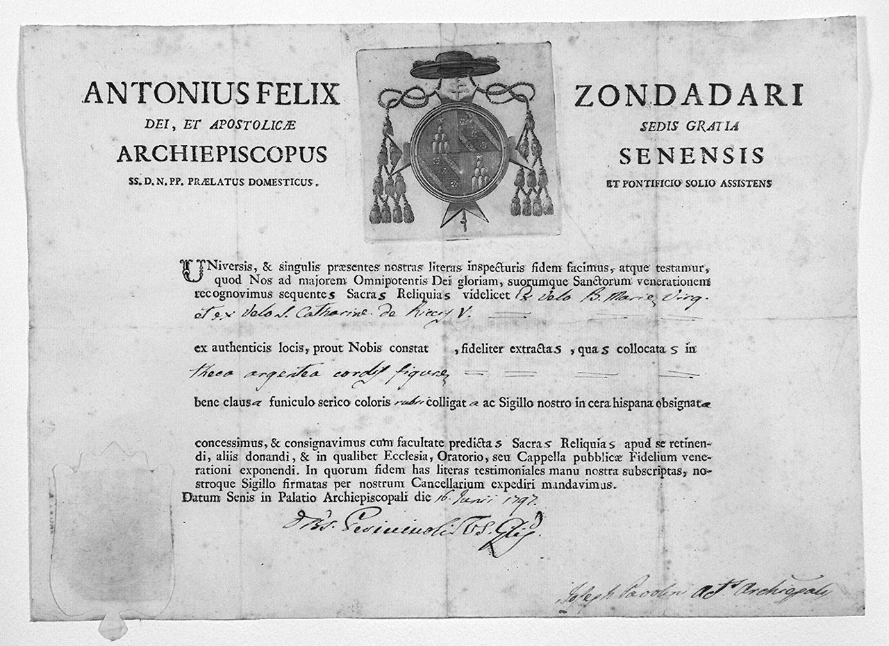 stemma gentilizio della famiglia Zondadari (stampa) - ambito senese (sec. XVIII)