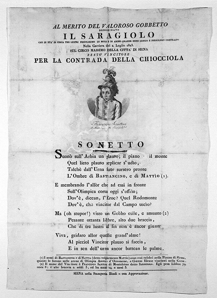 ritratto del fantino Francesco Santini detto Gobbo Saragiolo (stampa) - ambito senese (sec. XIX)