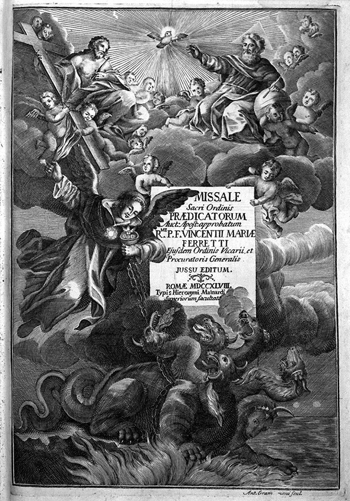 San Domenico benedetto dalla Trinità domina il demonio (stampa smarginata, elemento d'insieme) di Gramignani Antonio (sec. XVIII)