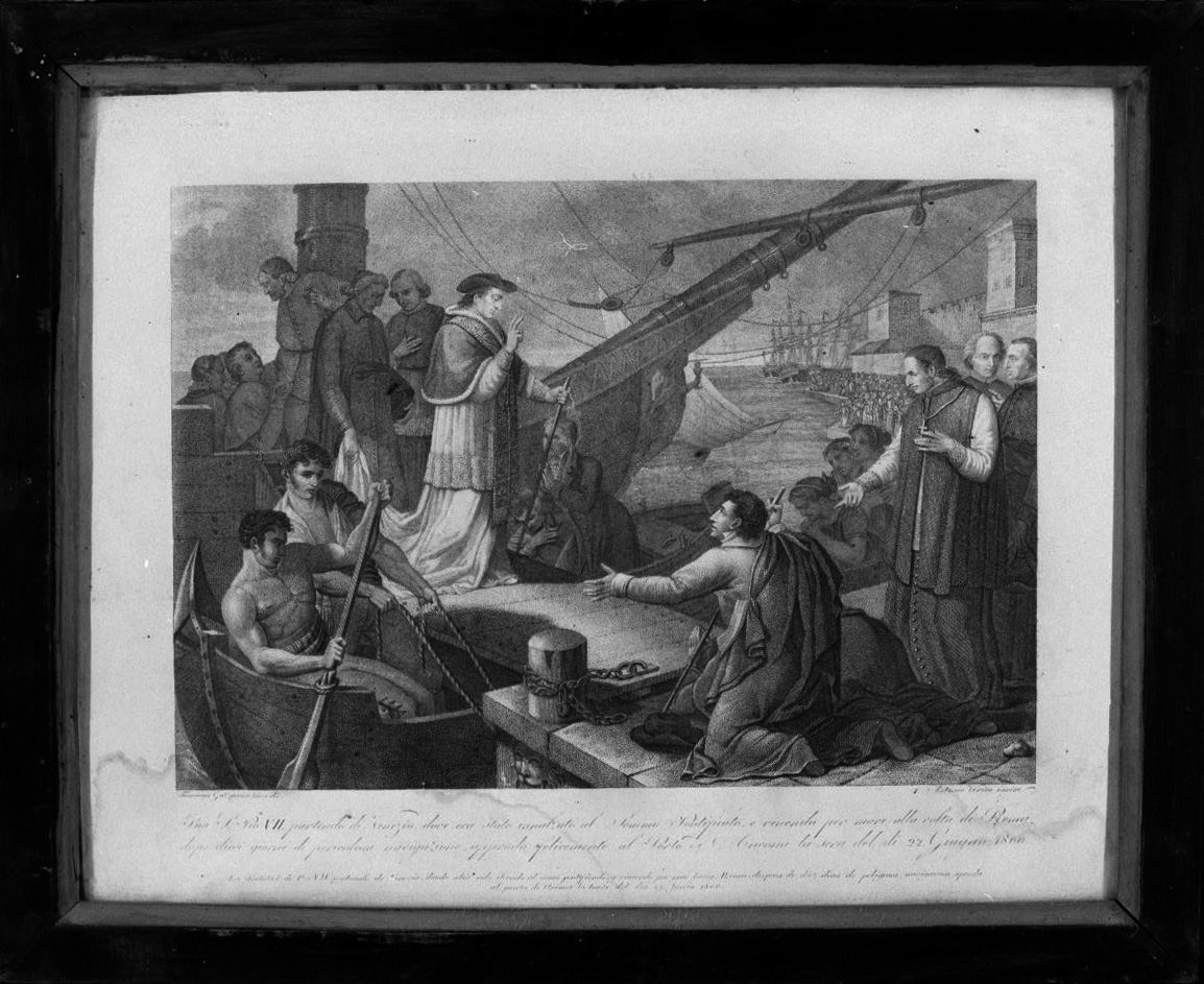 Pio VII sulla banchina nel porto di Ancona al suo arrivo da Venezia (stampa) di Gazzarini Tommaso, Verico Antonio (secondo quarto sec. XIX)