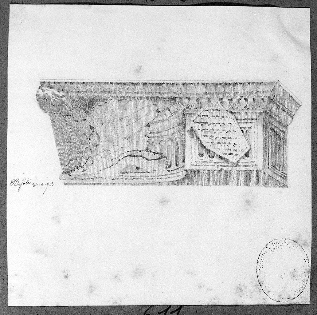 cornice architettonica con motivi decorativi e figure (disegno) di Bifoli Enzo (sec. XX)