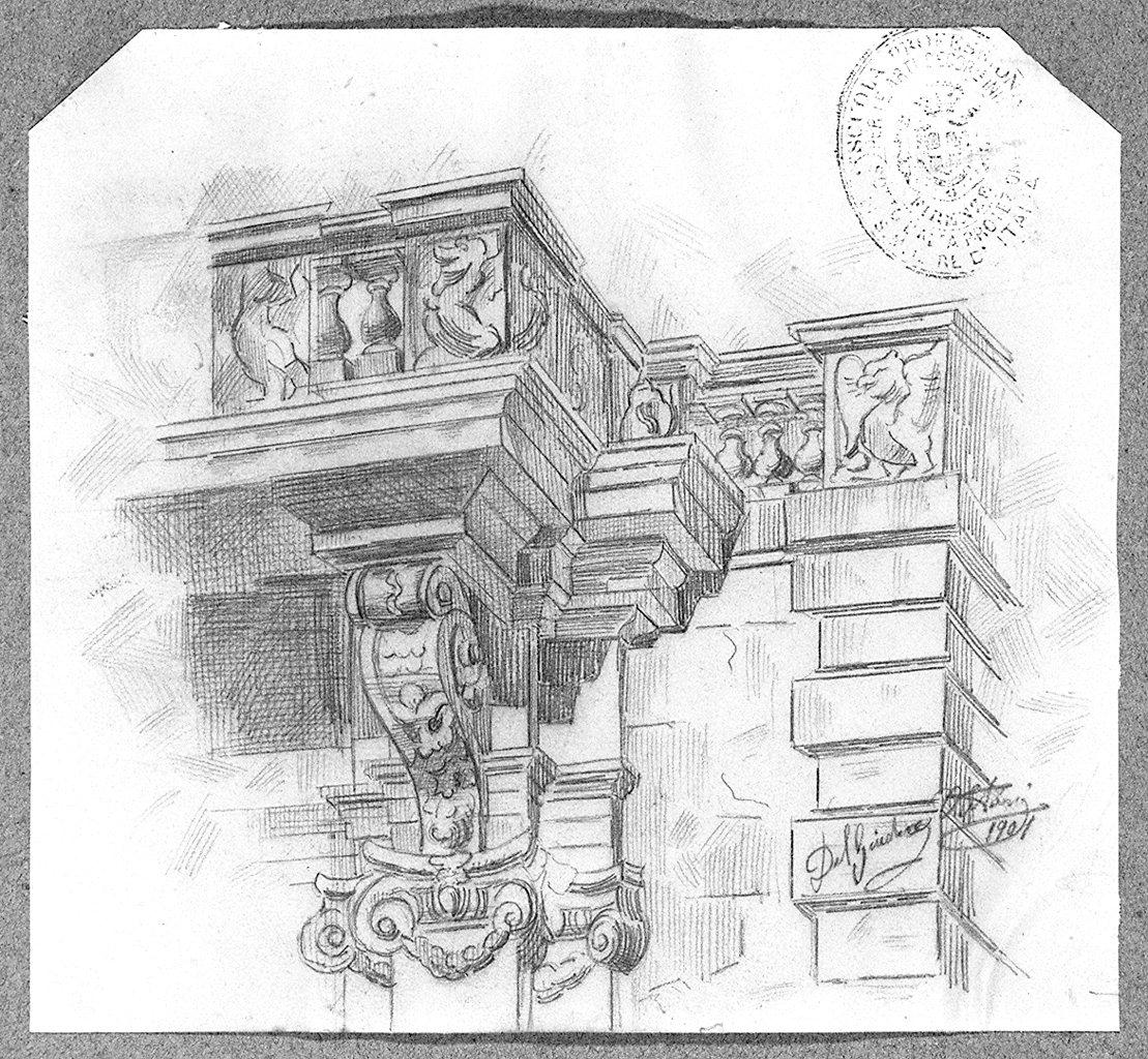 cornice architettonica con motivi decorativi e figure (disegno) di Del Giudice Vittorio (sec. XX)