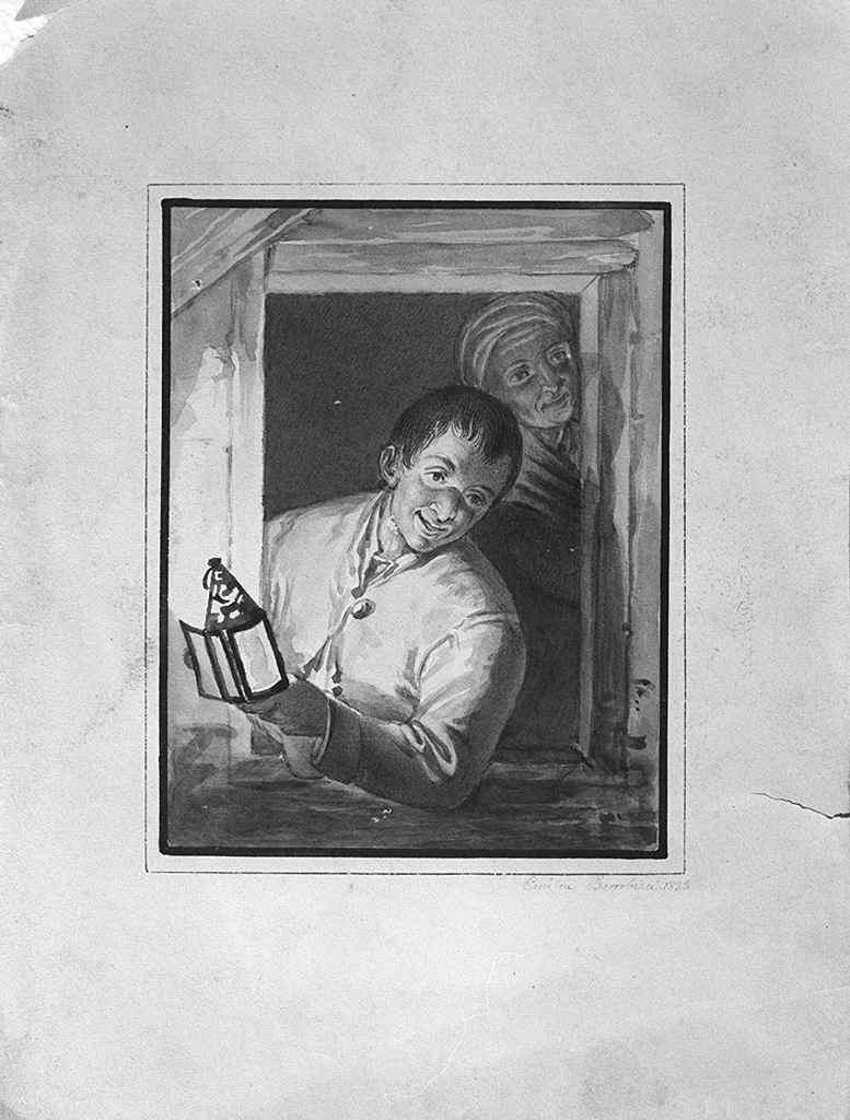 ragazzo con lanterna affacciato a una finestra e vecchia con turbante (disegno) di Bombicci Emilia (sec. XIX)