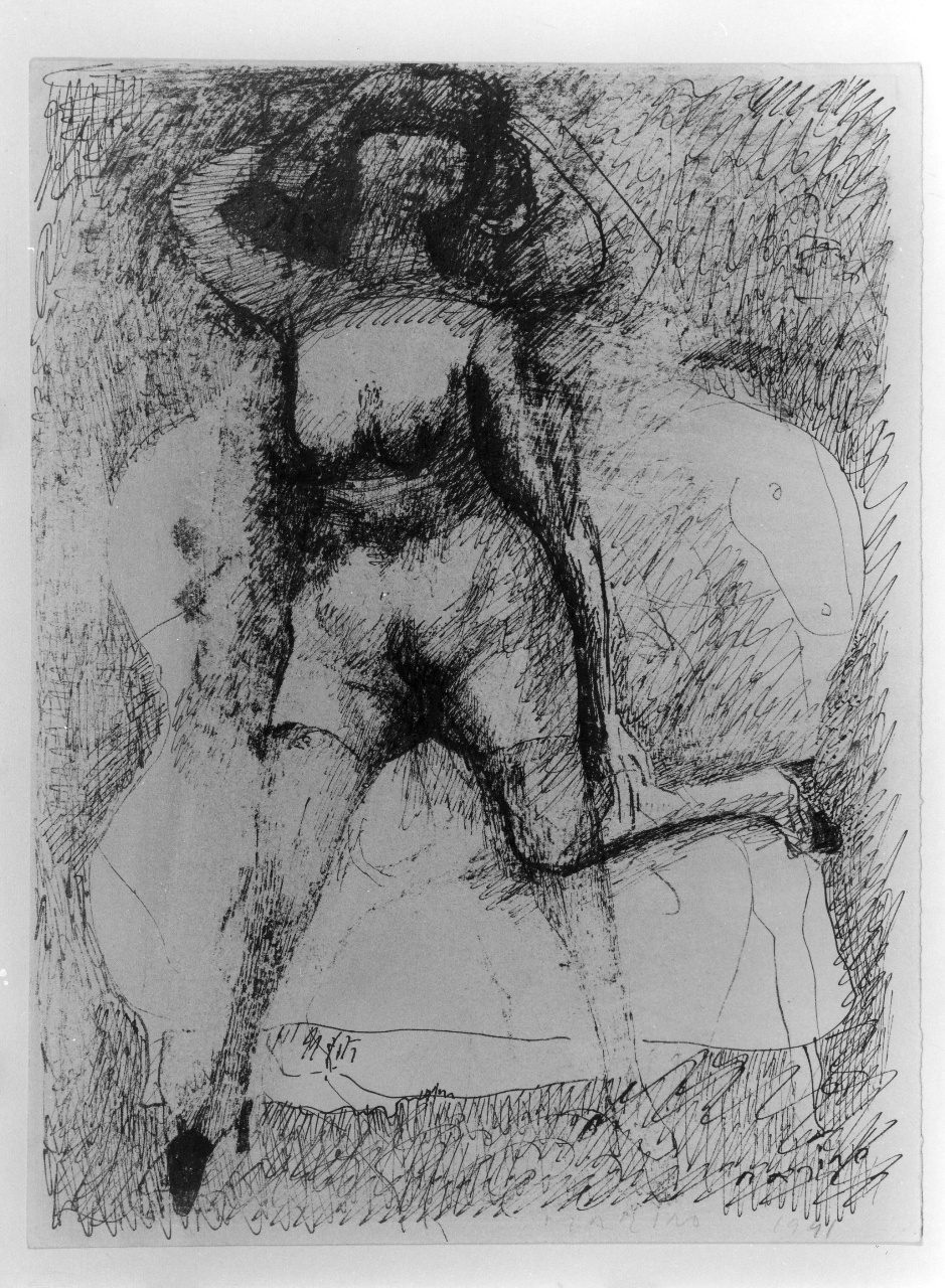 giocoliera (o donna in poltrona), figura femminile nuda e cavallo (disegno) di Marini Marino (sec. XX)